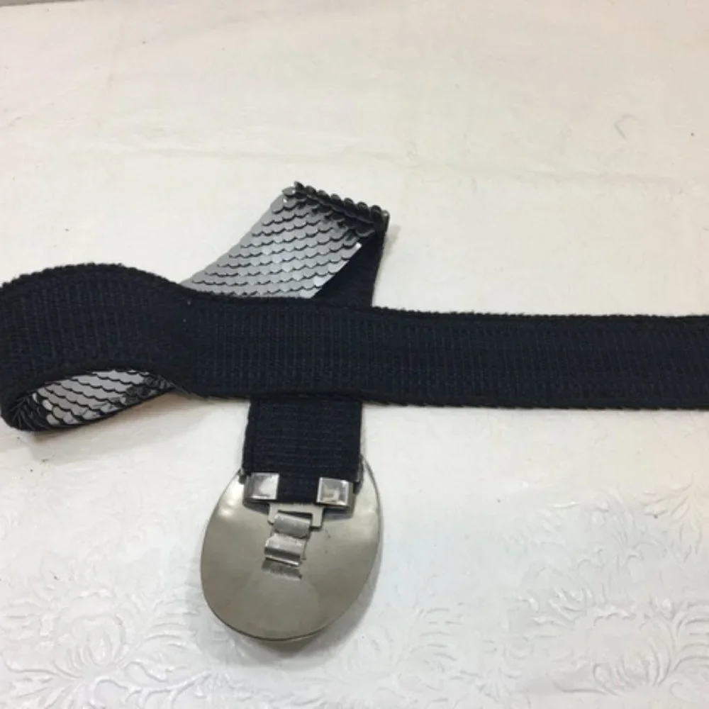 VTG 90's Shiny Silver Metal Reptile Scale Stretch Elastic Belt Silver Buckle